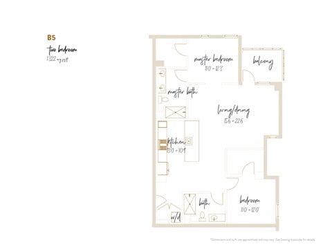 Floor plan for 2 beds, 2 baths, 1322 sqft
